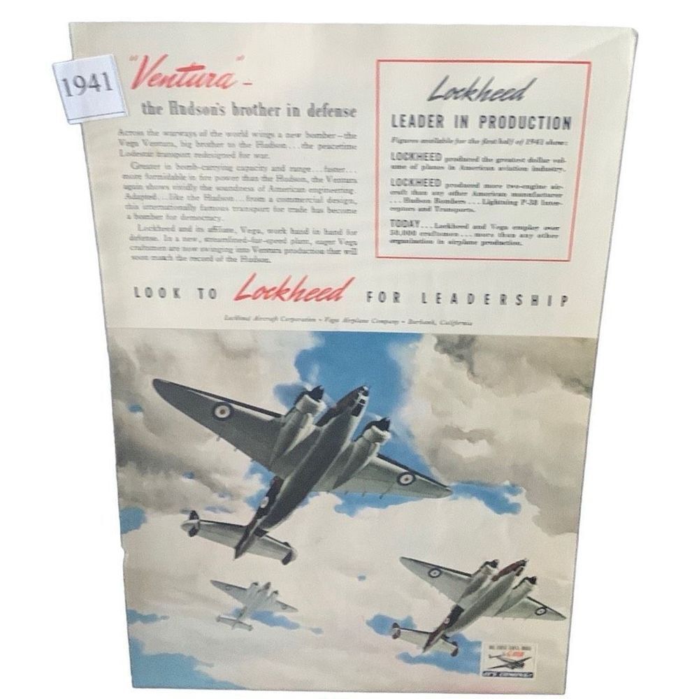 Vintage 1941 Lockheed Ventura Leader in Protection Ad Advertisement